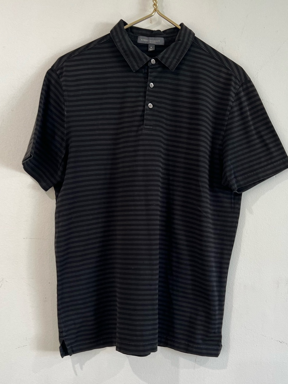 Robert Barakett Mens Polo Shirt striped  black and charcoal. M